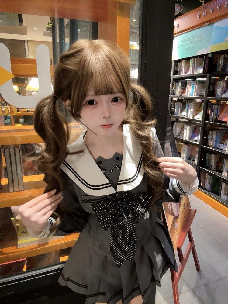 Sweet Kawaii JK Waist Cinched Sailor Jk Short Sleeve Polka Dot Bow Women's Polyester Skirt Sets