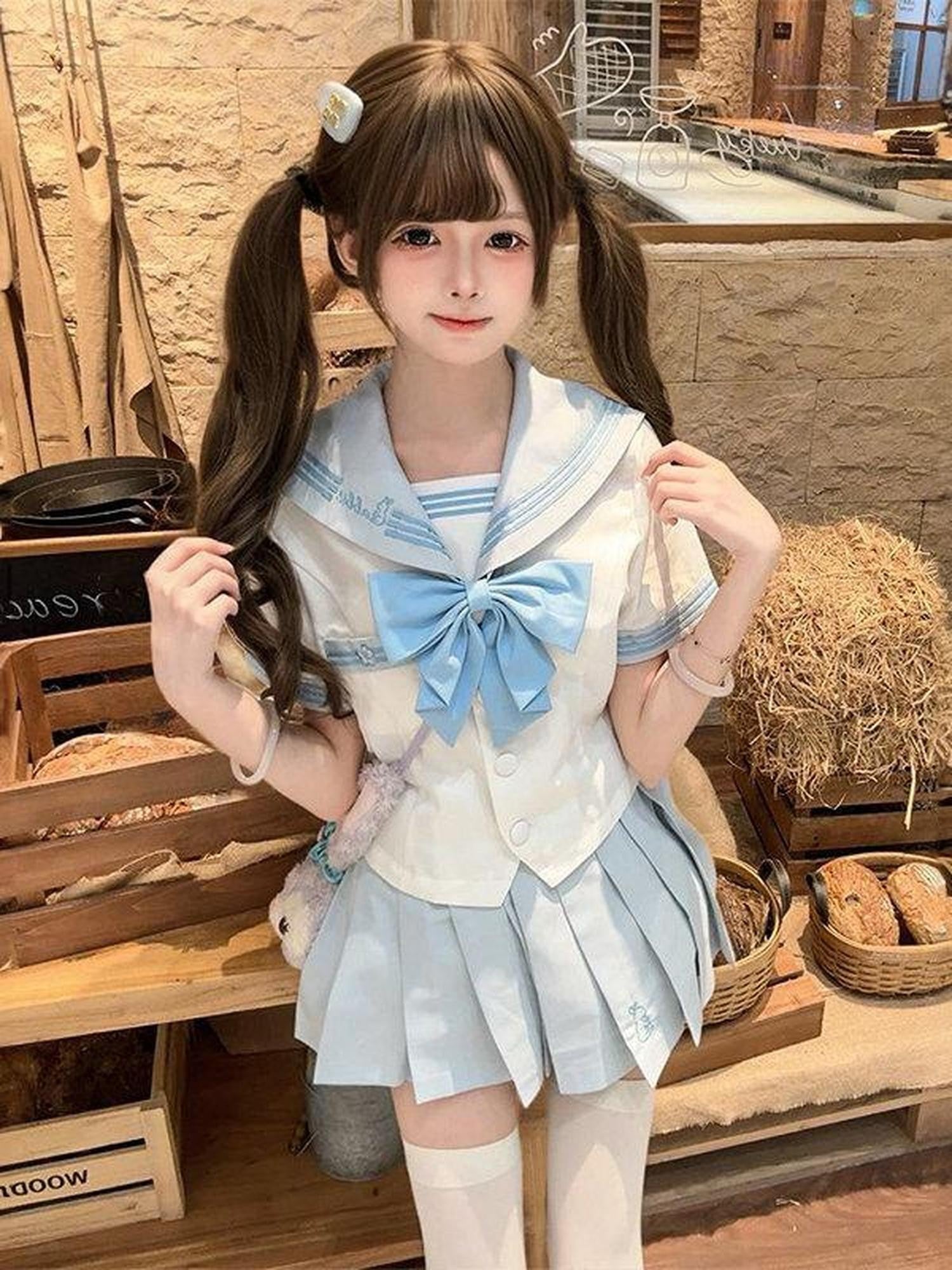 Sweet Kawaii JK Waist Cinched Short Sleeve Sailor Swallowtail Bow Women's Polyester Skirt Sets