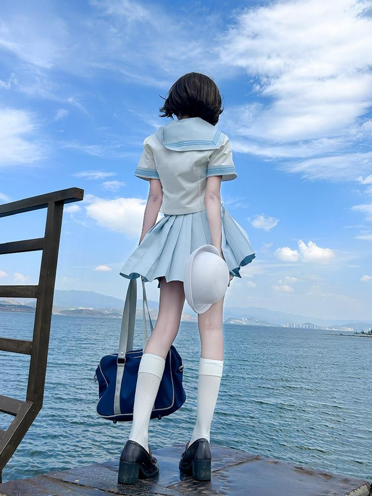 Sweet Kawaii JK Waist Cinched Short Sleeve Sailor Swallowtail Bow Women's Polyester Skirt Sets