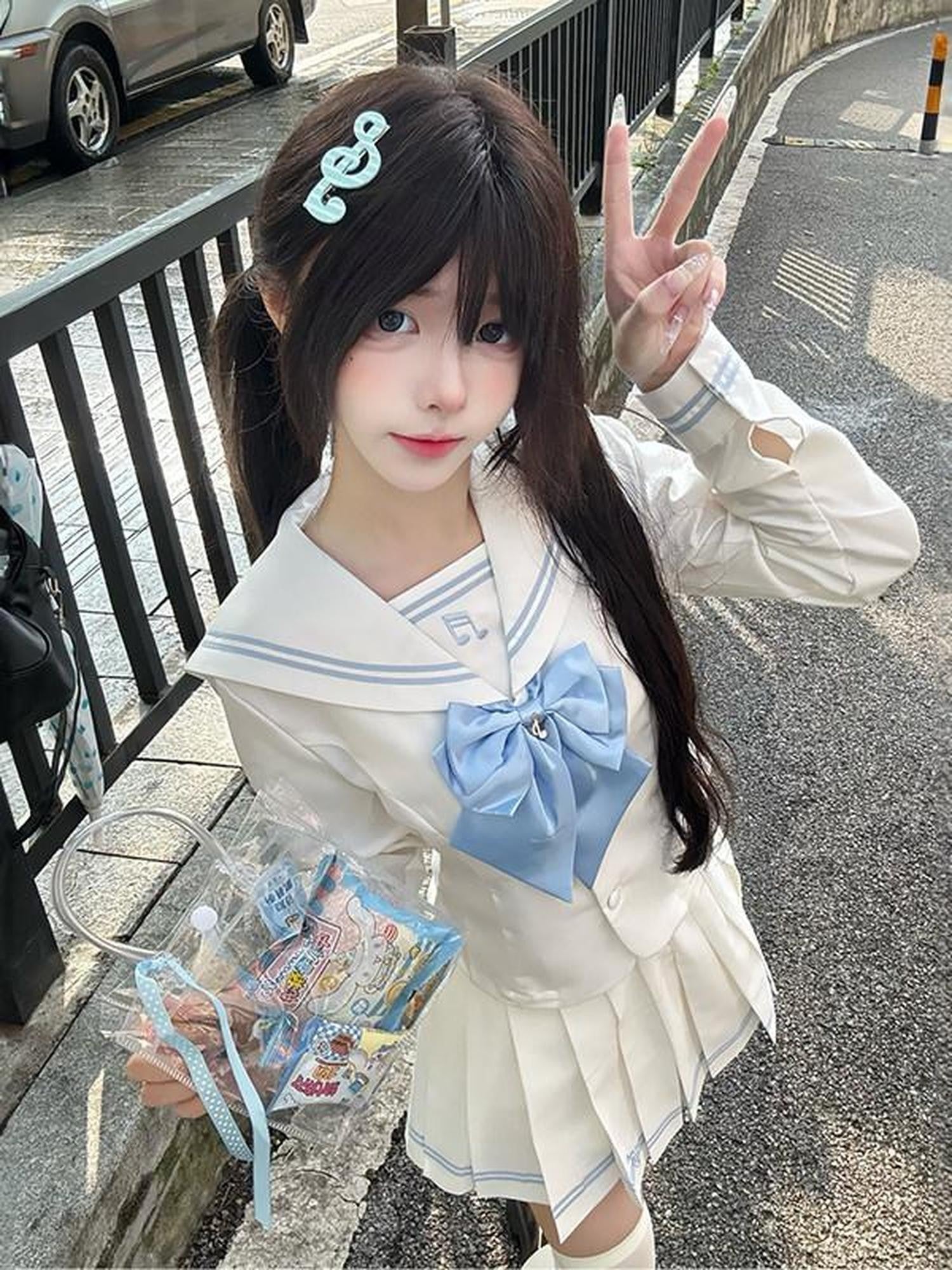 Sweet Kawaii JK Waist Cinching Sailor Collar Women's Polyester Short Skirt Sets