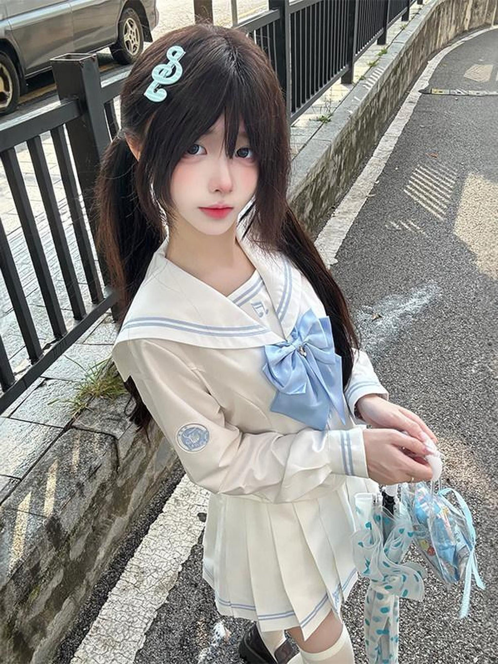 Sweet Kawaii JK Waist Cinching Sailor Collar Women's Polyester Short Skirt Sets