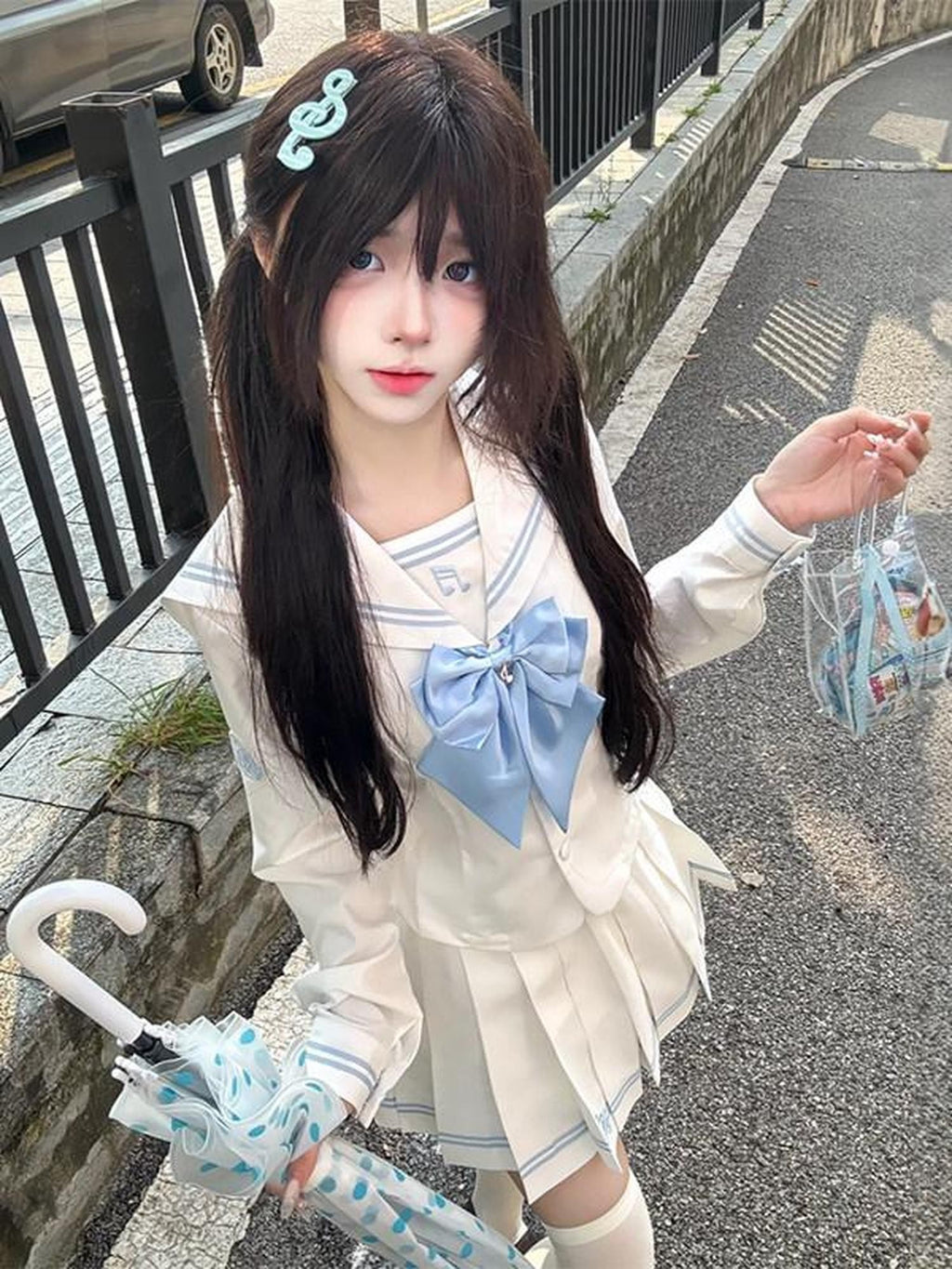 Sweet Kawaii JK Waist Cinching Sailor Collar Women's Polyester Short Skirt Sets