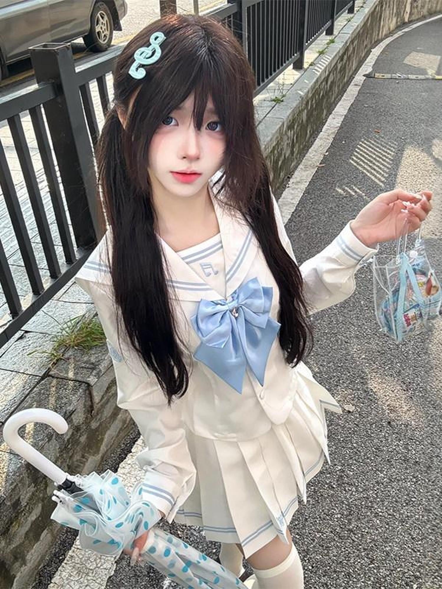 Sweet Kawaii JK Waist Cinching Sailor Collar Women's Polyester Short Skirt Sets