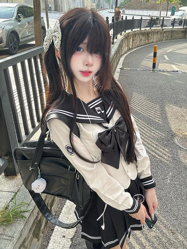 Sweet Kawaii JK Waist Cinching Sailor Collar Women's Polyester Short Skirt Sets