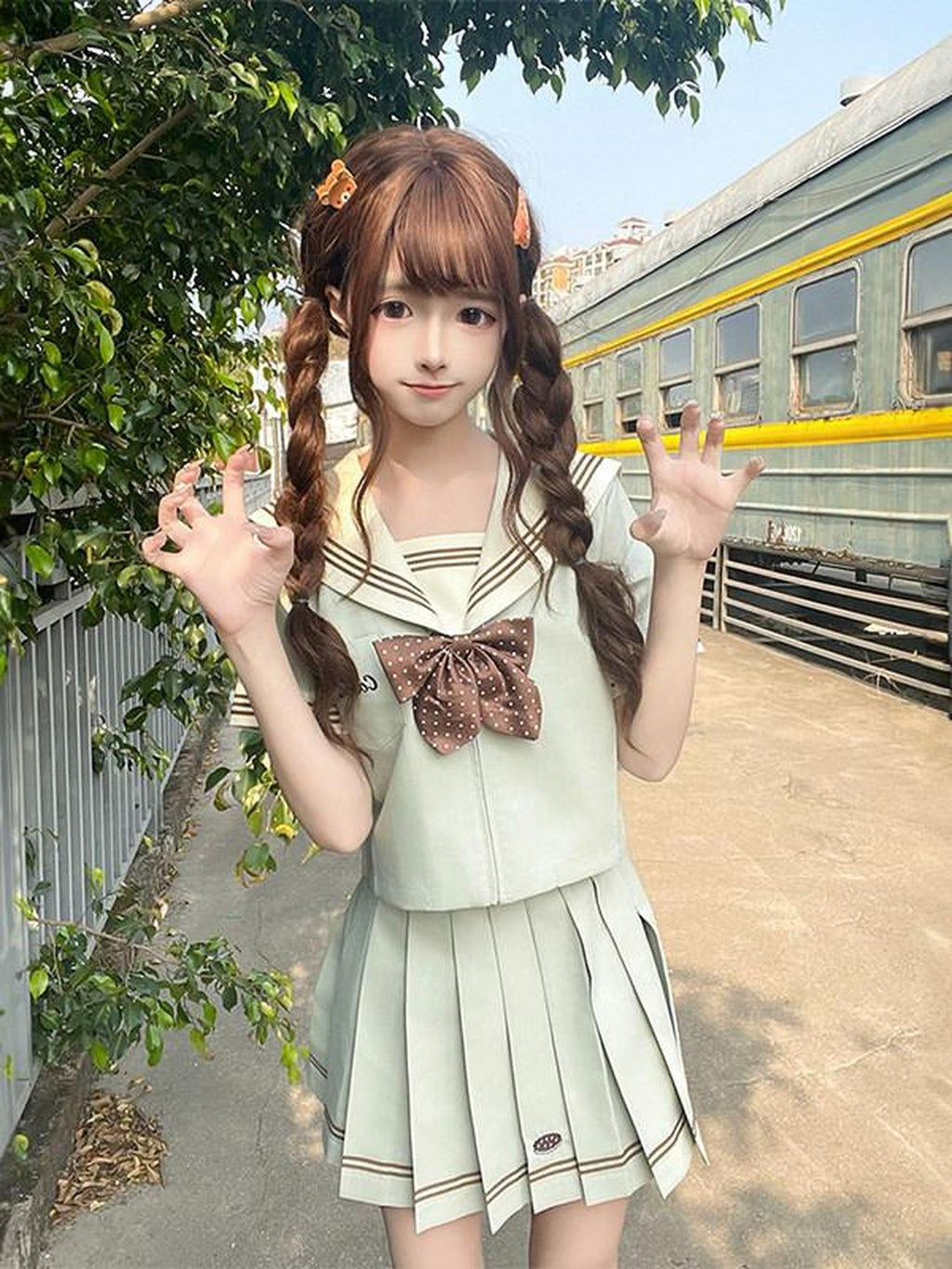Sweet Kawaii JK Wave Pattern Sailor Collar Bow Pleated Short Skirt Women's Polyester Skirt Sets