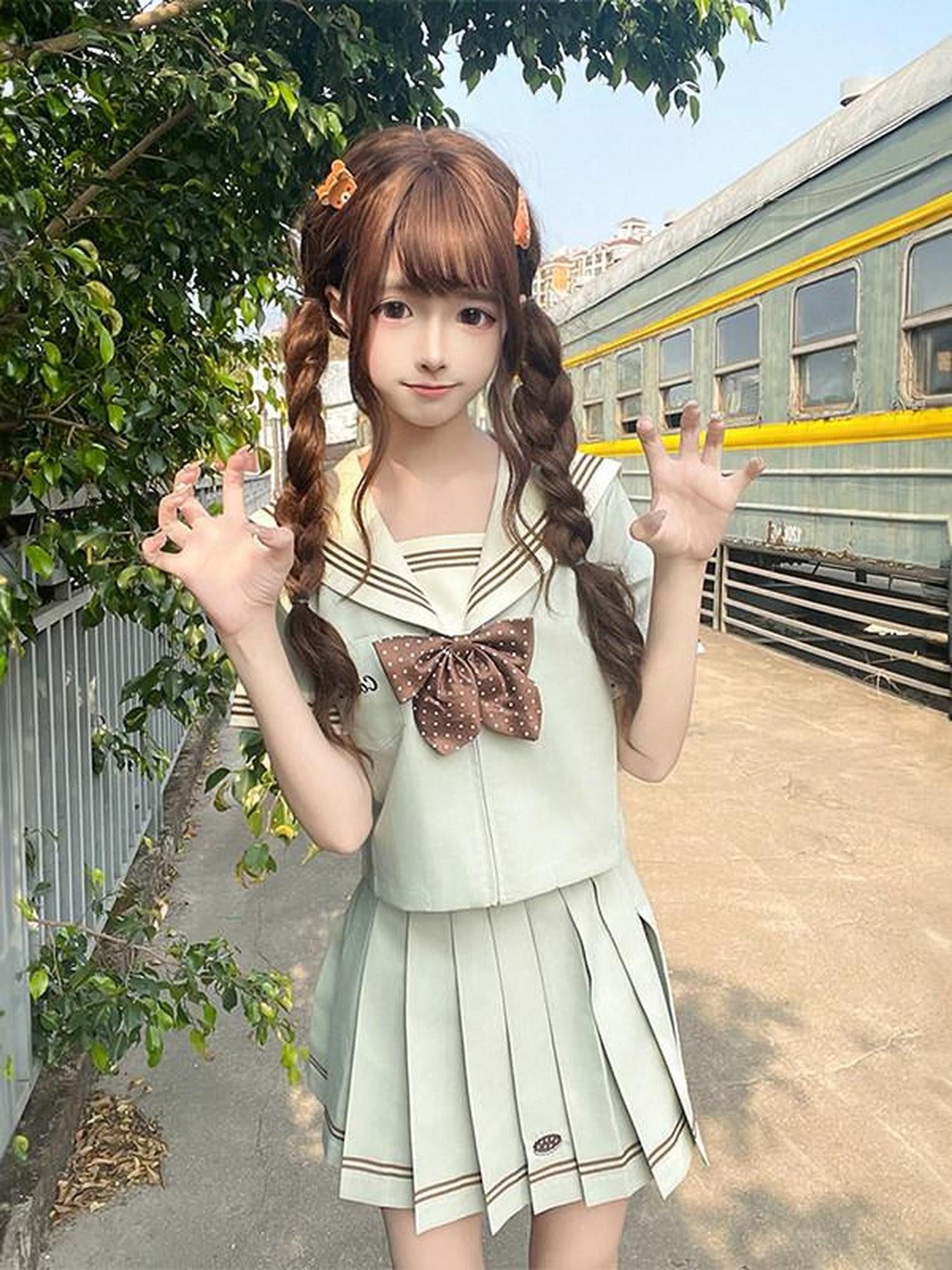Sweet Kawaii JK Wave Pattern Sailor Collar Bow Pleated Short Skirt Women's Polyester Skirt Sets