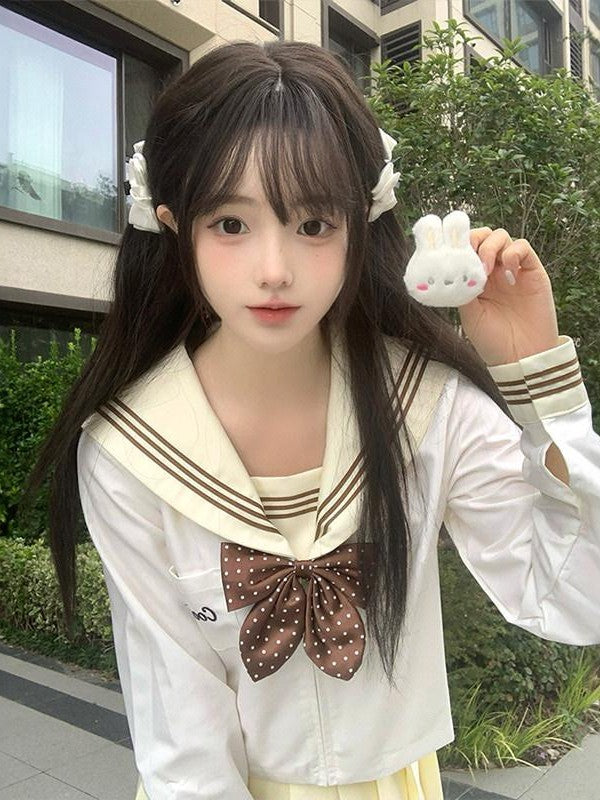 Sweet Kawaii JK Wave Print Sailor Lapel Collar Long Sleeve Bow Women's Polyester Skirt Sets