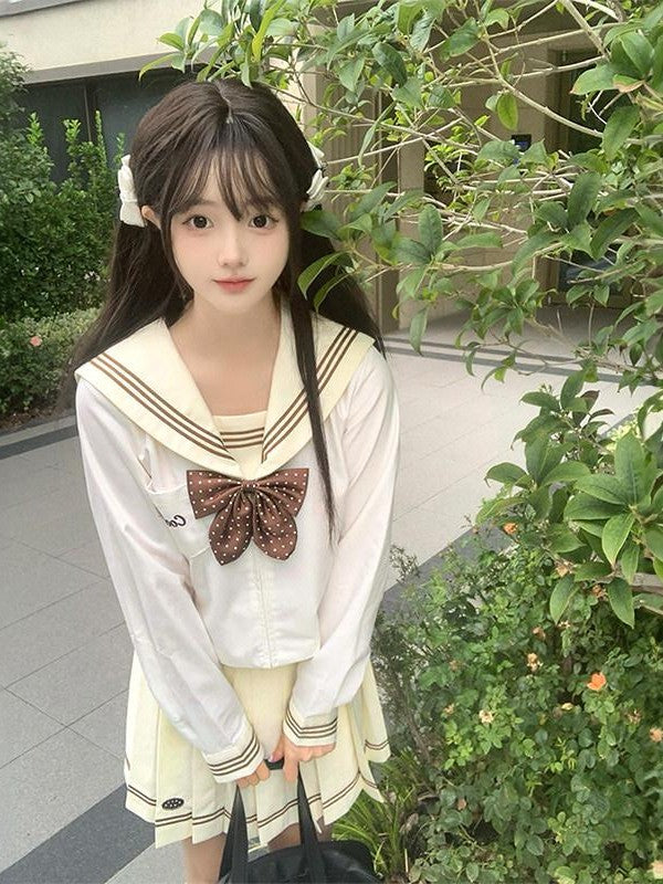 Sweet Kawaii JK Wave Print Sailor Lapel Collar Long Sleeve Bow Women's Polyester Skirt Sets