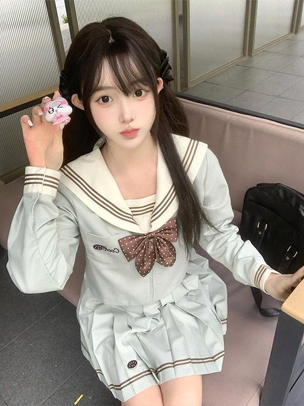 Sweet Kawaii JK Wave Print Sailor Lapel Collar Long Sleeve Bow Women's Polyester Skirt Sets
