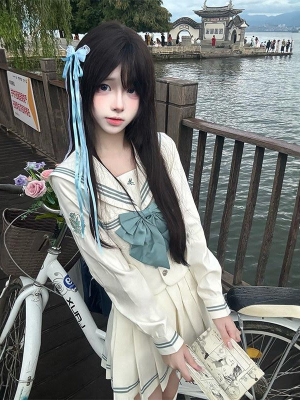 Sweet Kawaii JK White Sailor Collar Long Sleeve Waist Slimming Women's Polyester Skirt Sets