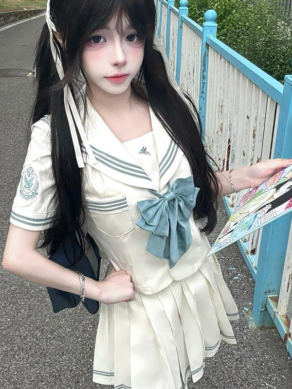 Sweet Kawaii JK White Sailor Collar Long Sleeve Waist Slimming Women's Polyester Skirt Sets