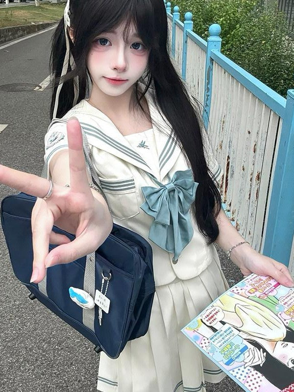 Sweet Kawaii JK White Sailor Collar Necktie Short Sleeve Women's Polyester Skirt Sets