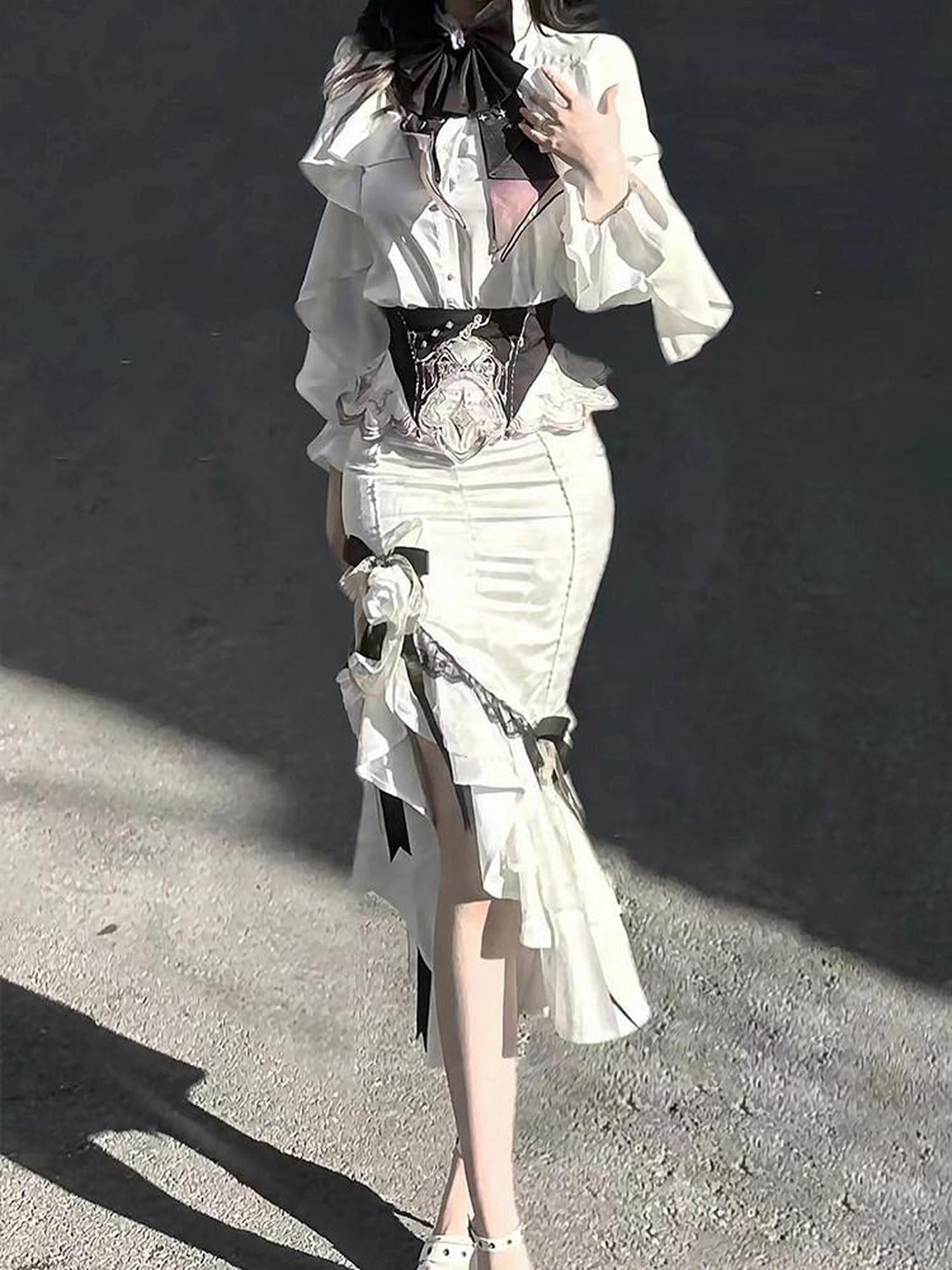 Sweet Promise Asymmetric Gothic Lolita Shirt Collar Slim Fit Hip Skirt Women's Skirt Sets
