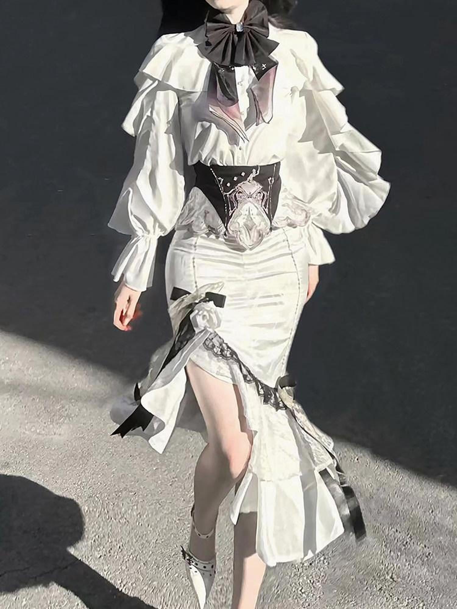 Sweet Promise Asymmetric Gothic Lolita Shirt Collar Slim Fit Hip Skirt Women's Skirt Sets