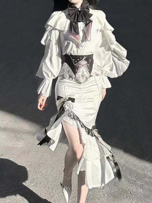 Sweet Promise Asymmetric Gothic Lolita Shirt Collar Slim Fit Hip Skirt Women's Skirt Sets