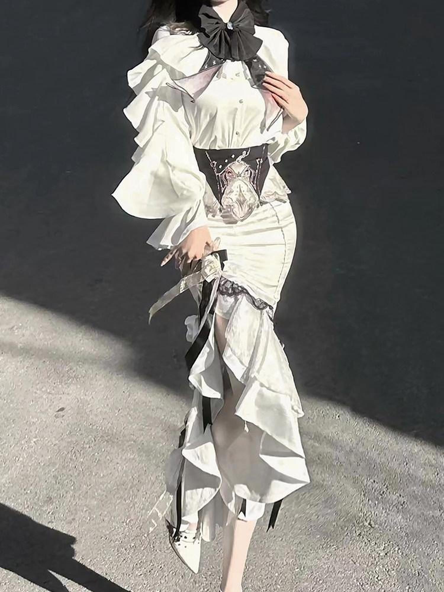 Sweet Promise Asymmetric Gothic Lolita Shirt Collar Slim Fit Hip Skirt Women's Skirt Sets
