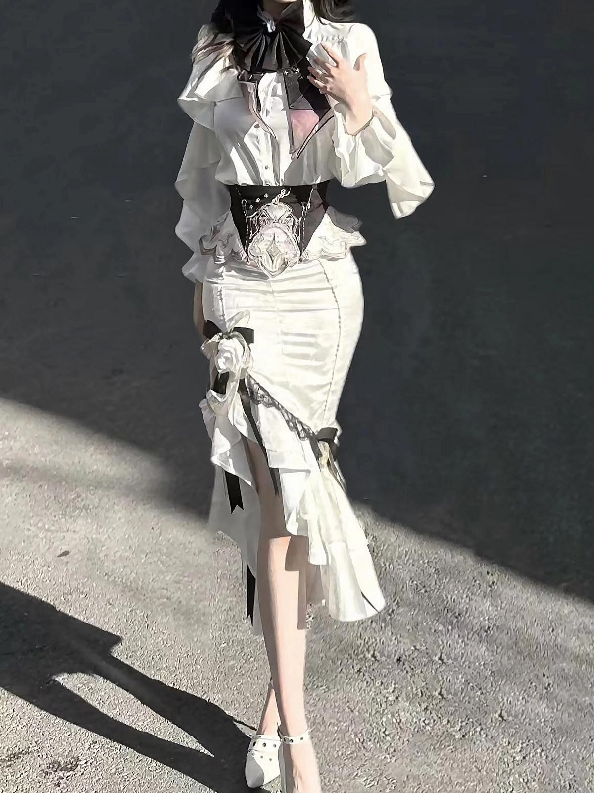 Sweet Promise Asymmetric Gothic Lolita Shirt Collar Slim Fit Hip Skirt Women's Skirt Sets