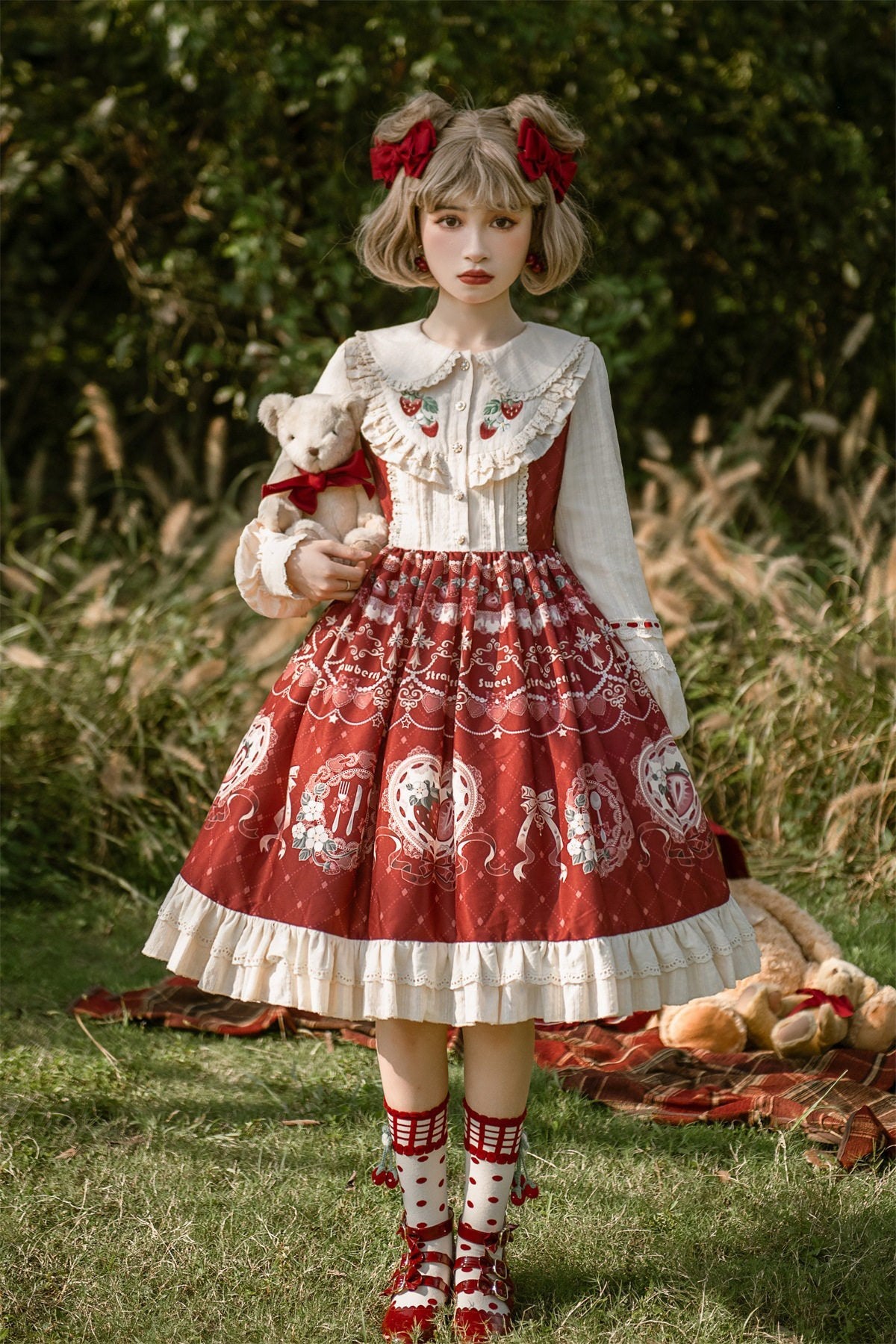 Sweet_Promise_Bear_Print_Bow_High_Waist_Aline_Princess_Sleeve_Women's_Polyester_Long_Sleeve_Op_633097726788_MISSTT