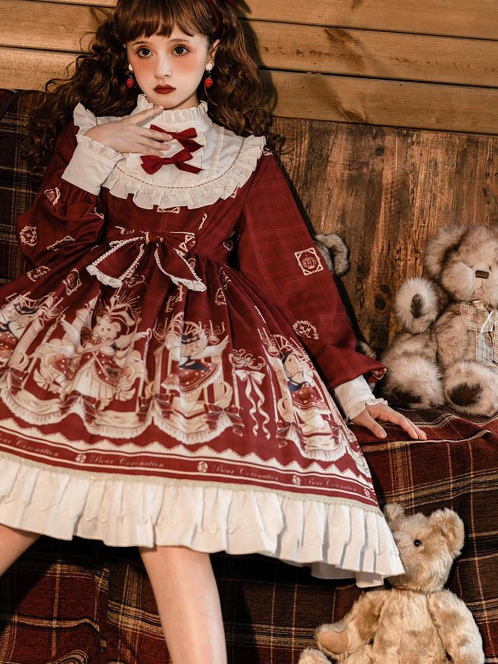 Sweet Promise Bear Print Bow High Waist Aline Princess Sleeve Women's Polyester Long Sleeve Op