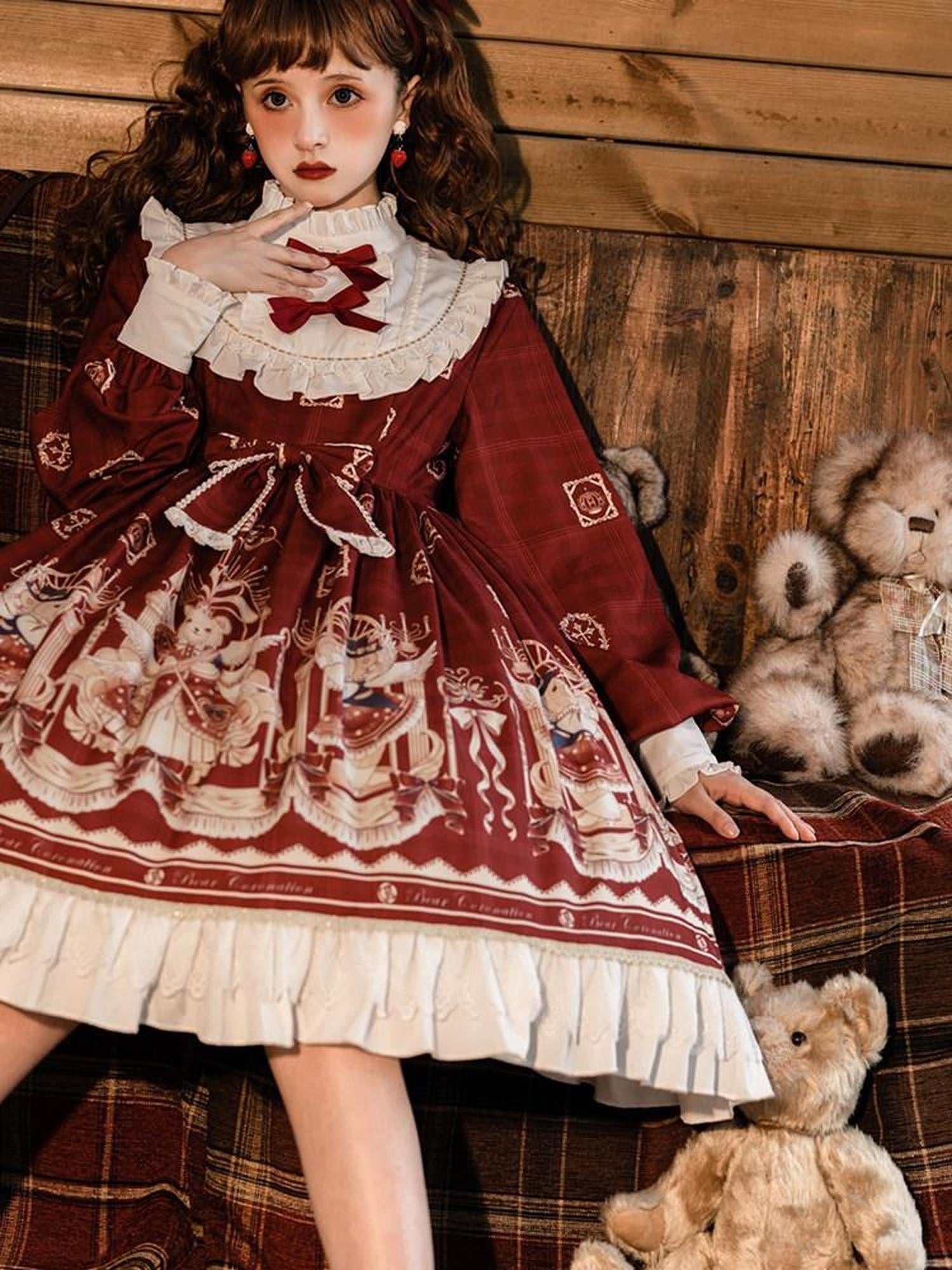 Sweet Promise Bear Print Bow High Waist Aline Princess Sleeve Women's Polyester Long Sleeve Op