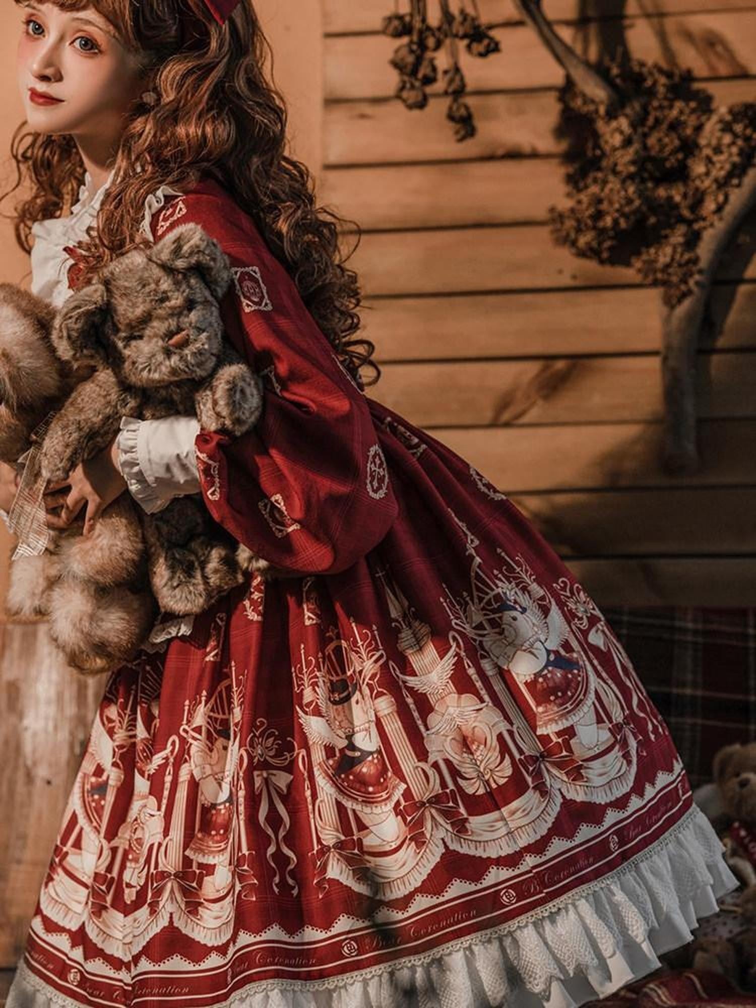 Sweet Promise Bear Print Bow High Waist Aline Princess Sleeve Women's Polyester Long Sleeve Op