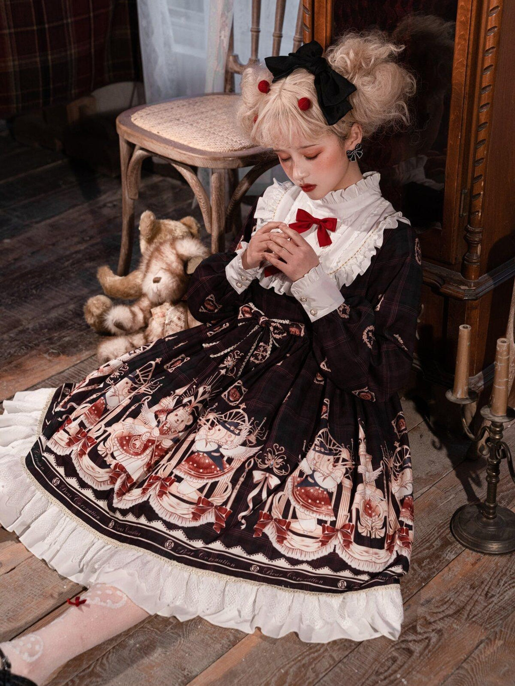 Sweet Promise Bear Print Bow High Waist Aline Princess Sleeve Women's Polyester Long Sleeve Op