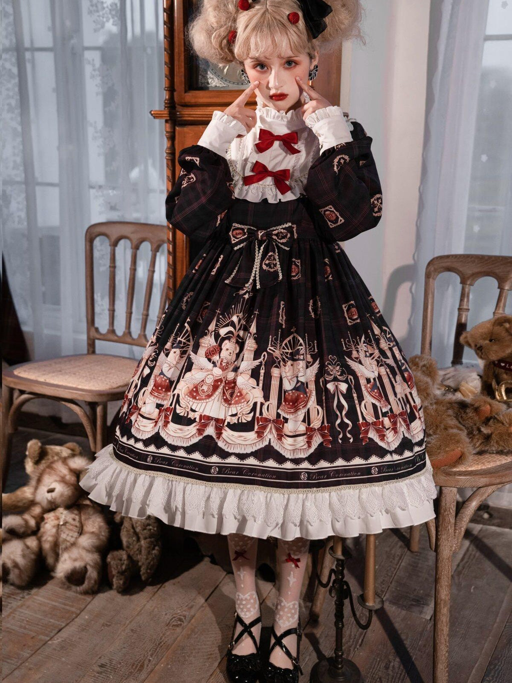 Sweet Promise Bear Print Bow High Waist Aline Princess Sleeve Women's Polyester Long Sleeve Op
