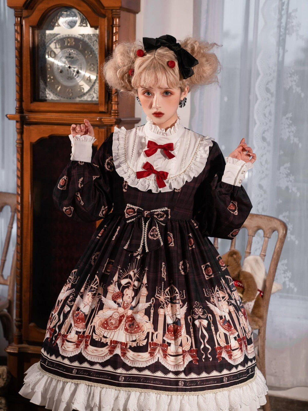Sweet Promise Bear Print Bow High Waist Aline Princess Sleeve Women's Polyester Long Sleeve Op