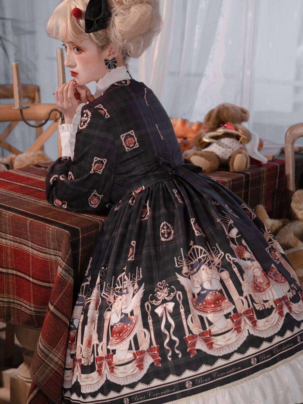 Sweet Promise Bear Print Bow High Waist Aline Princess Sleeve Women's Polyester Long Sleeve Op