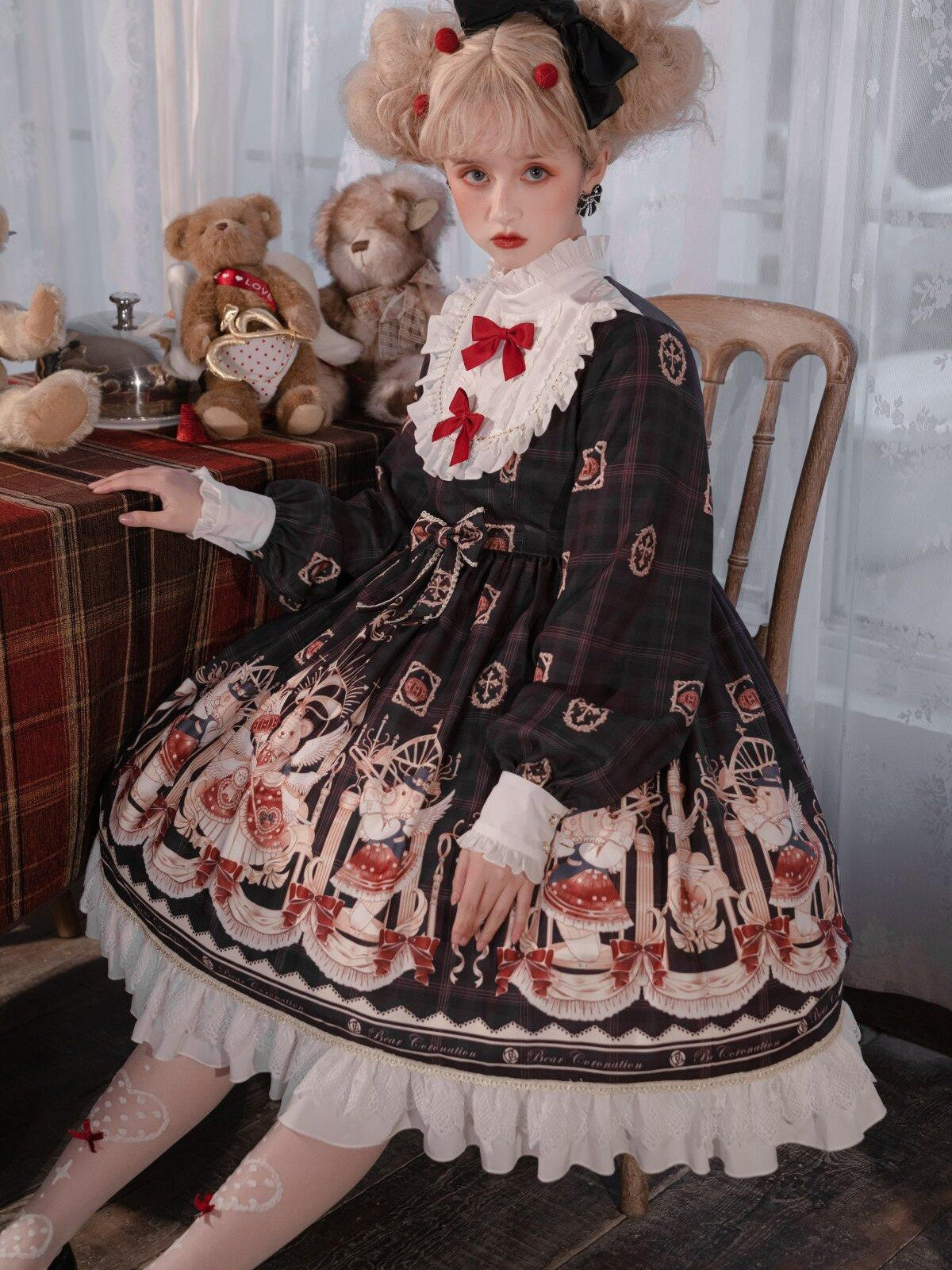 Sweet Promise Bear Print Bow High Waist Aline Princess Sleeve Women's Polyester Long Sleeve Op