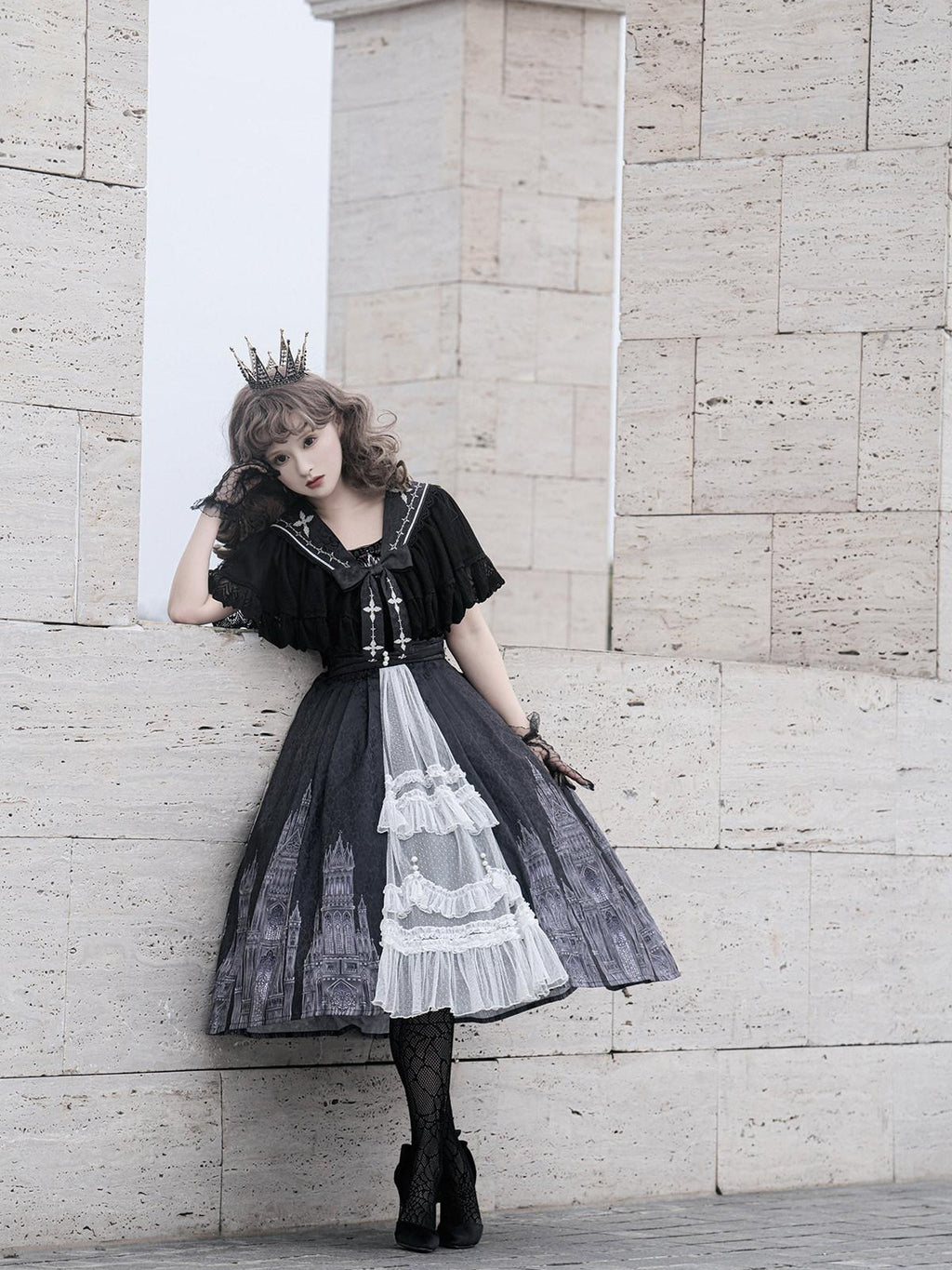 Sweet Promise Black Gothic Cross Lolita V-neck A Line Two Piece Women's Jsk / Jumper Skirts