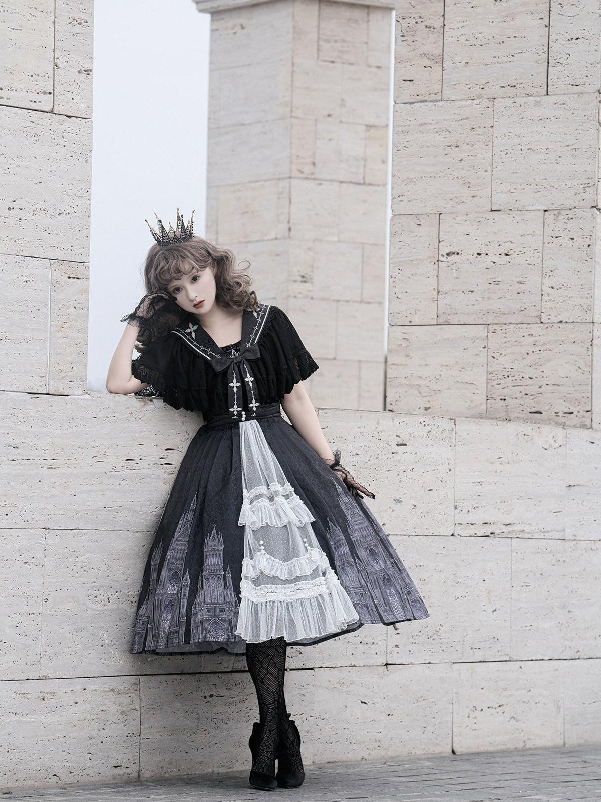 Sweet Promise Black Gothic Cross Lolita V-neck A Line Two Piece Women's Jsk / Jumper Skirts