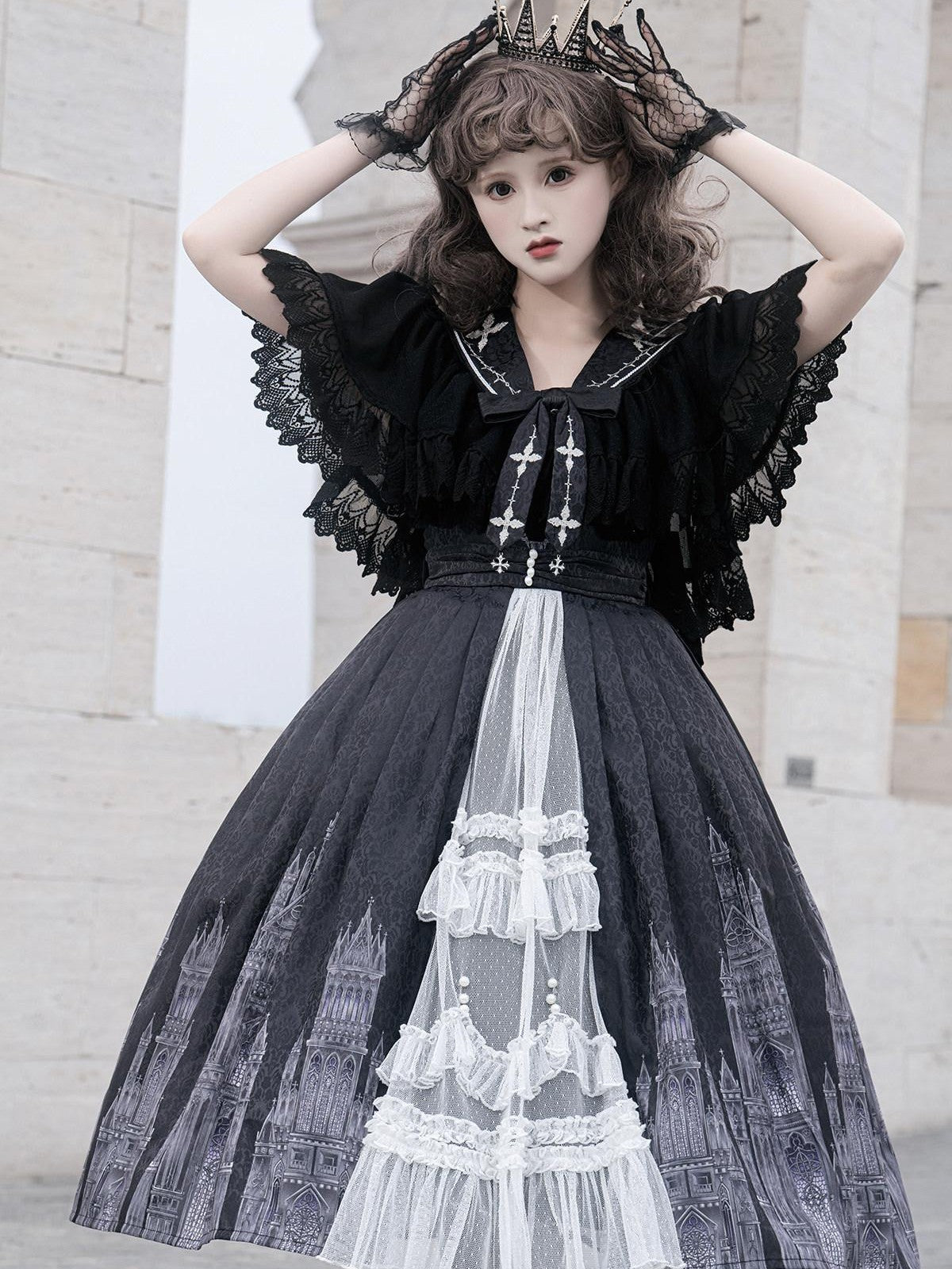 Sweet Promise Black Gothic Cross Lolita V-neck A Line Two Piece Women's Jsk / Jumper Skirts