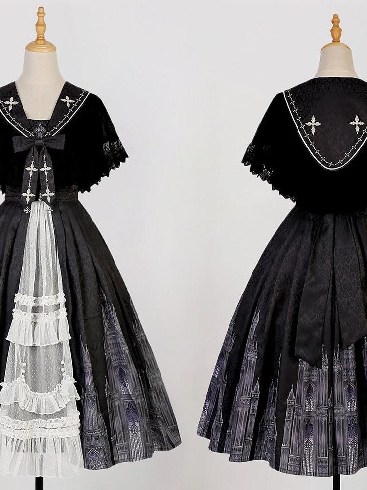 Sweet Promise Black Gothic Cross Lolita V-neck A Line Two Piece Women's Jsk / Jumper Skirts