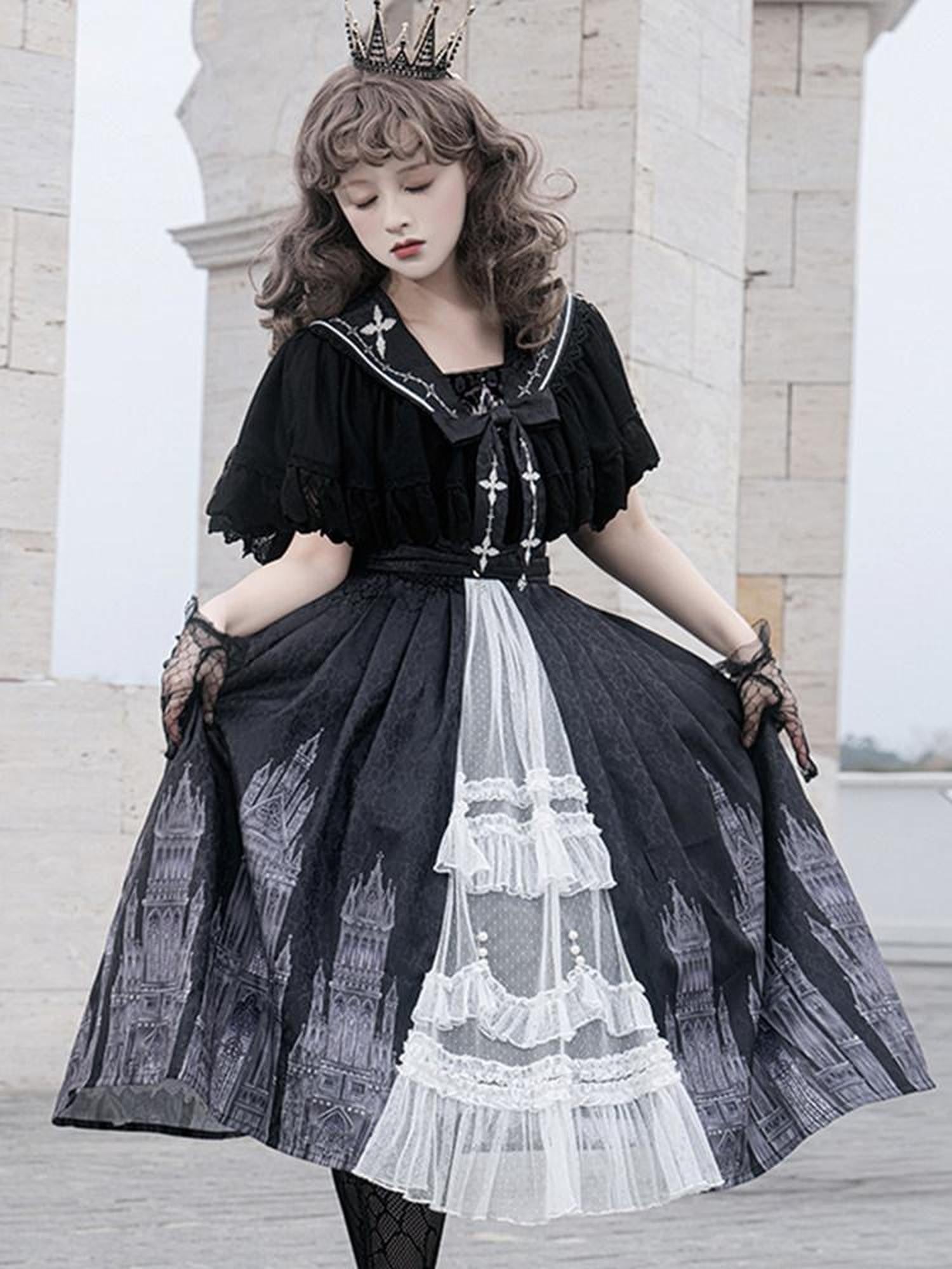 Sweet Promise Black Gothic Cross Lolita V-neck A Line Two Piece Women's Jsk / Jumper Skirts