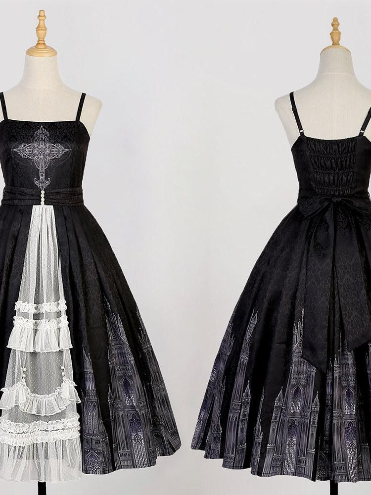 Sweet Promise Black Gothic Cross Lolita V-neck A Line Two Piece Women's Jsk / Jumper Skirts