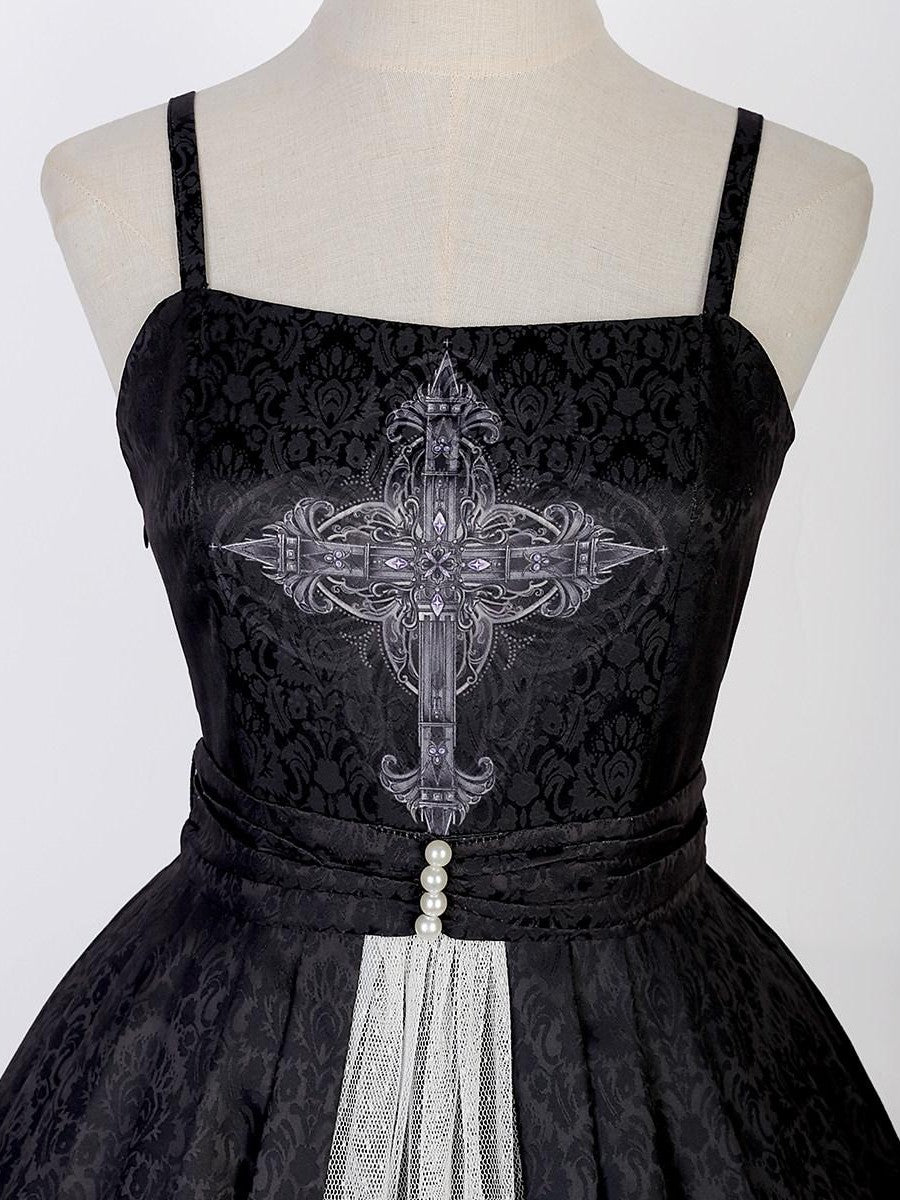 Sweet Promise Black Gothic Cross Lolita V-neck A Line Two Piece Women's Jsk / Jumper Skirts