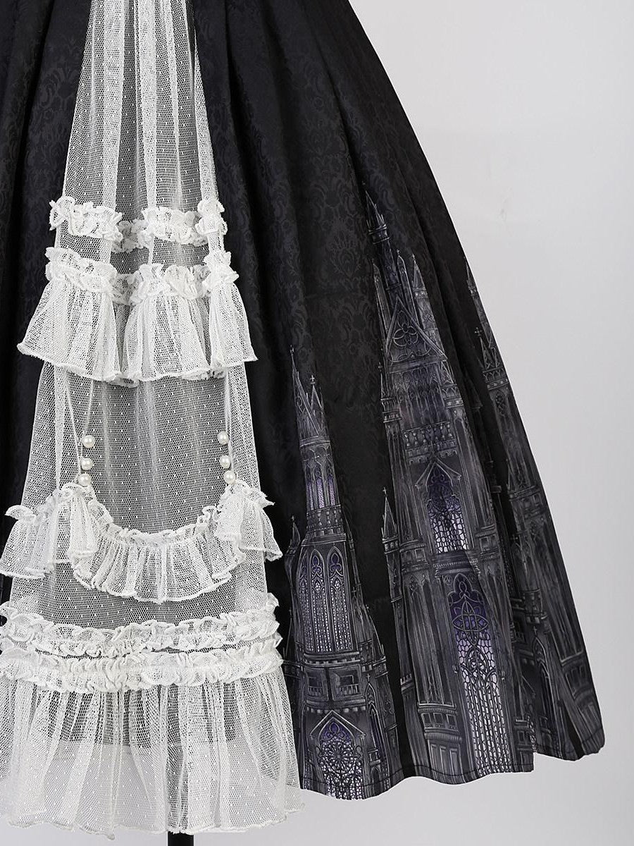 Sweet Promise Black Gothic Cross Lolita V-neck A Line Two Piece Women's Jsk / Jumper Skirts