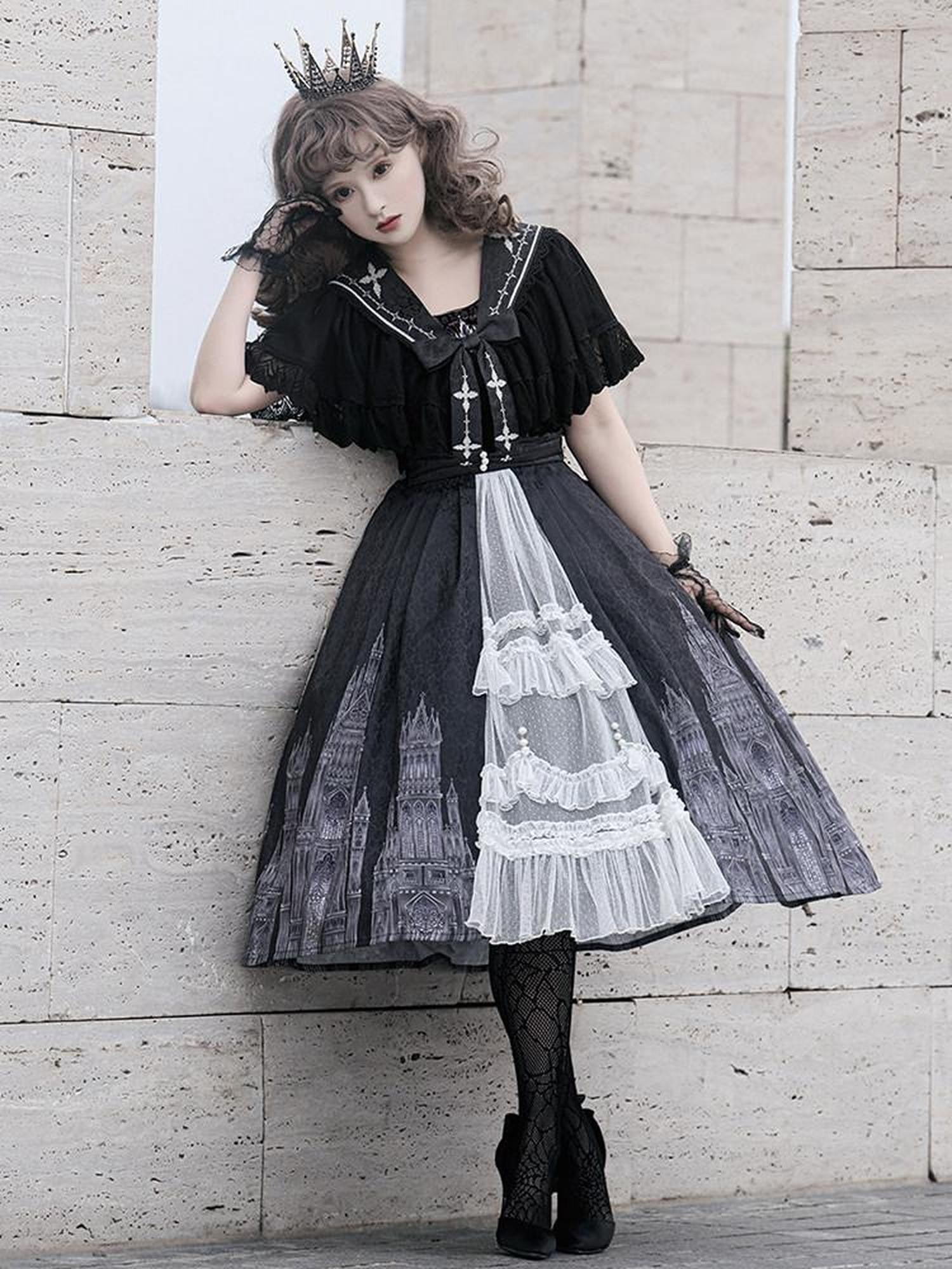 Sweet Promise Black Gothic Cross Lolita V-neck A Line Two Piece Women's Jsk / Jumper Skirts