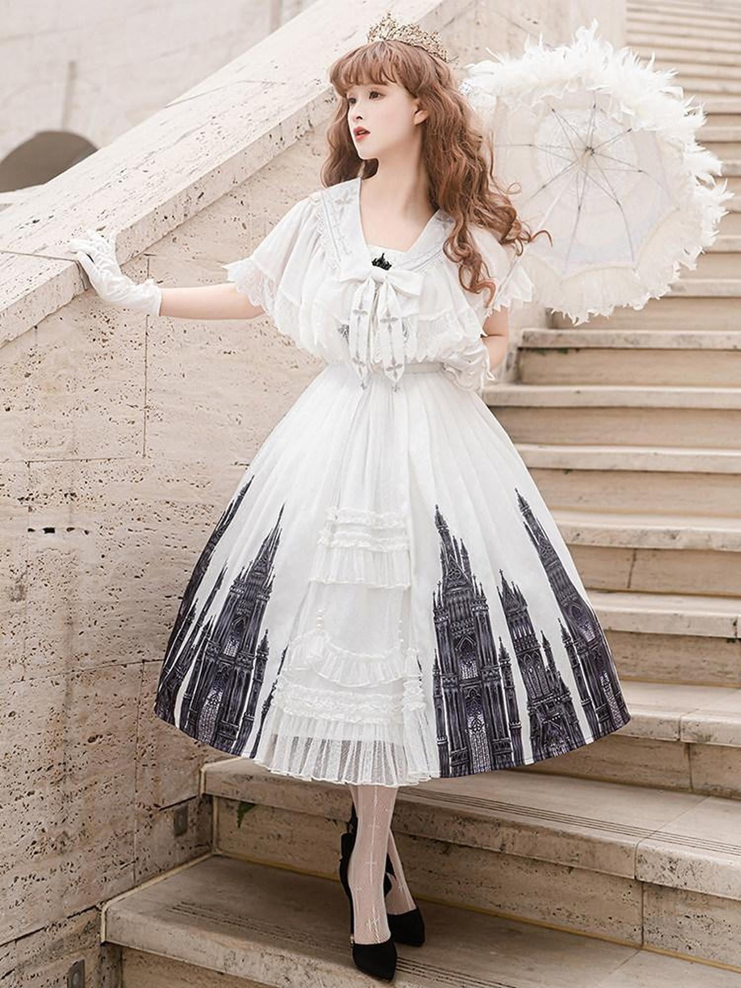 Sweet Promise Black Gothic Cross Lolita V-neck A Line Two Piece Women's Jsk / Jumper Skirts
