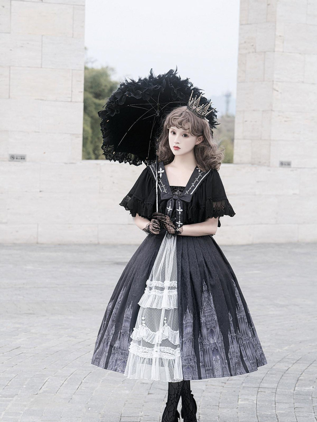 Sweet Promise Black Gothic Cross Lolita V-neck A Line Two Piece Women's Jsk / Jumper Skirts