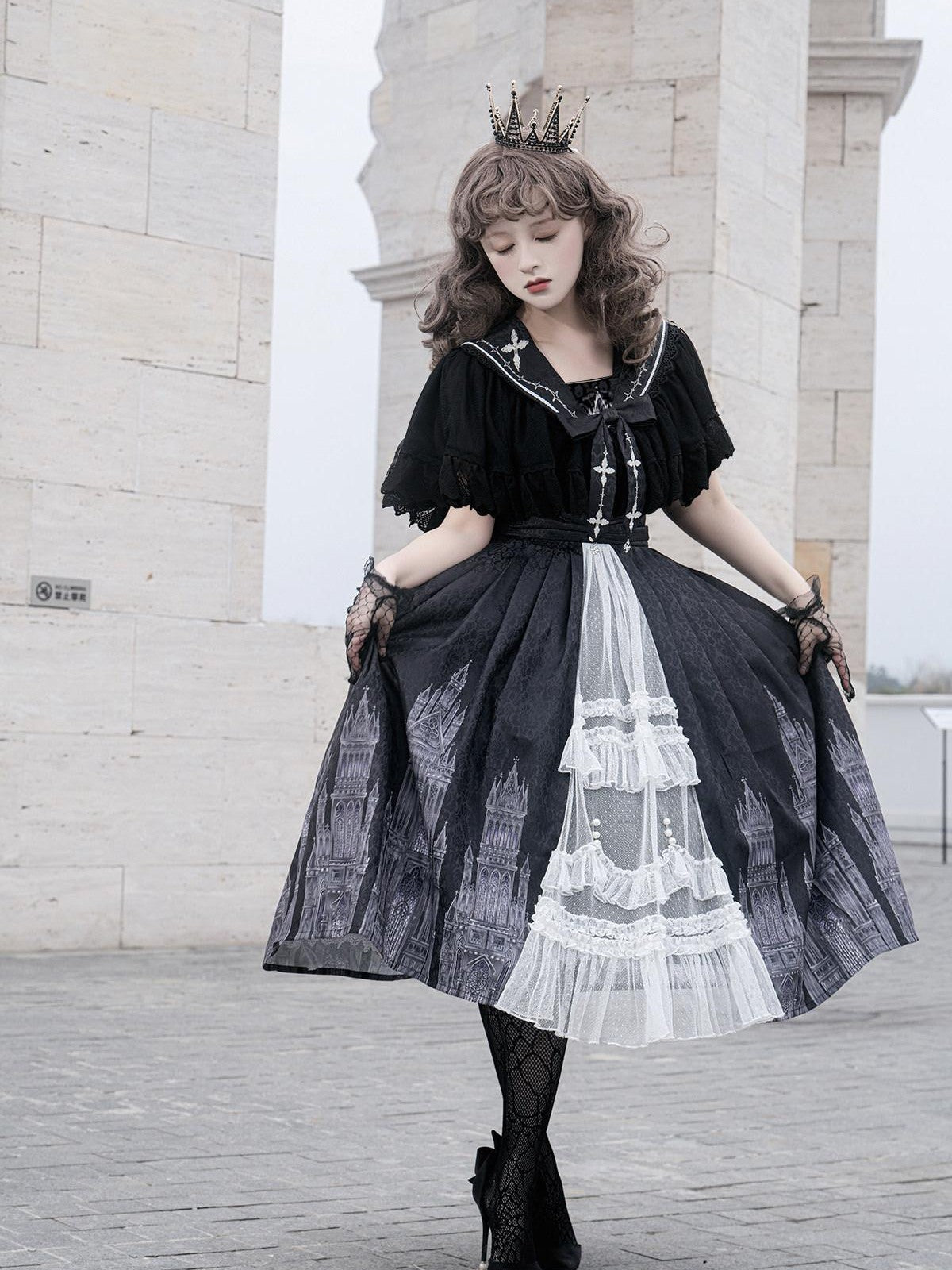 Sweet Promise Black Gothic Cross Lolita V-neck A Line Two Piece Women's Jsk / Jumper Skirts