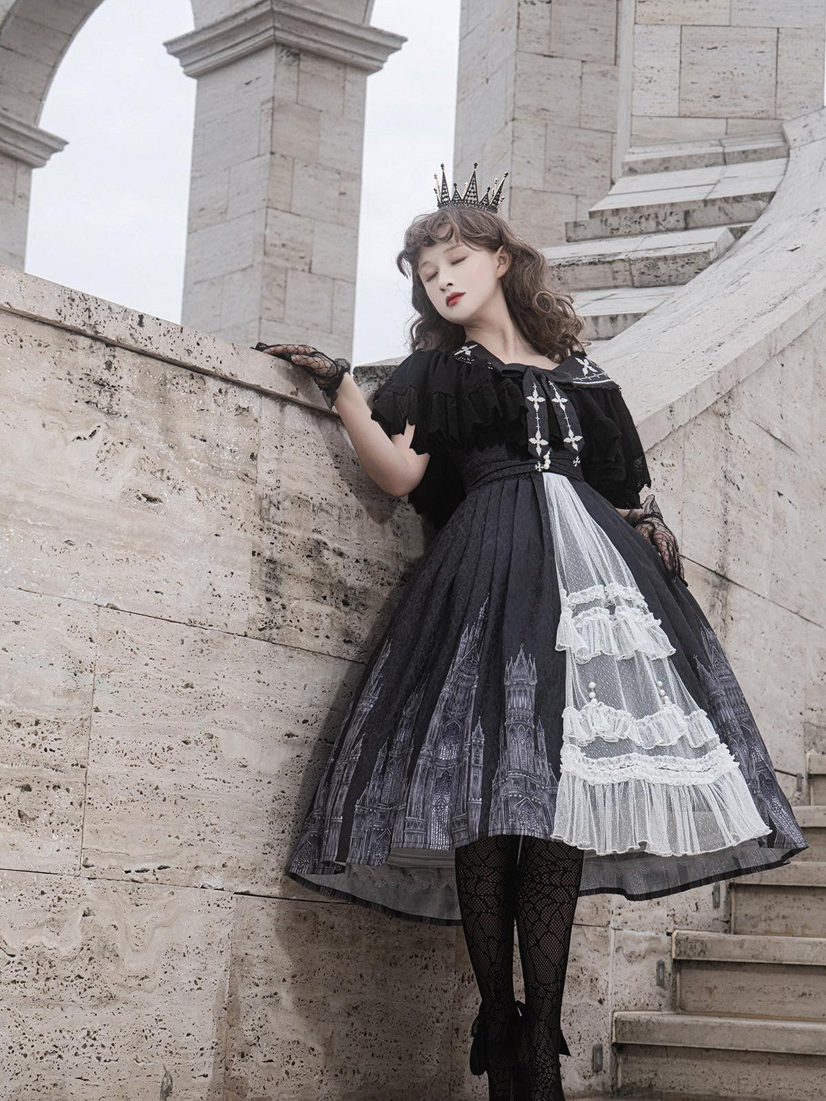 Sweet Promise Black Gothic Cross Lolita V-neck A Line Two Piece Women's Jsk / Jumper Skirts