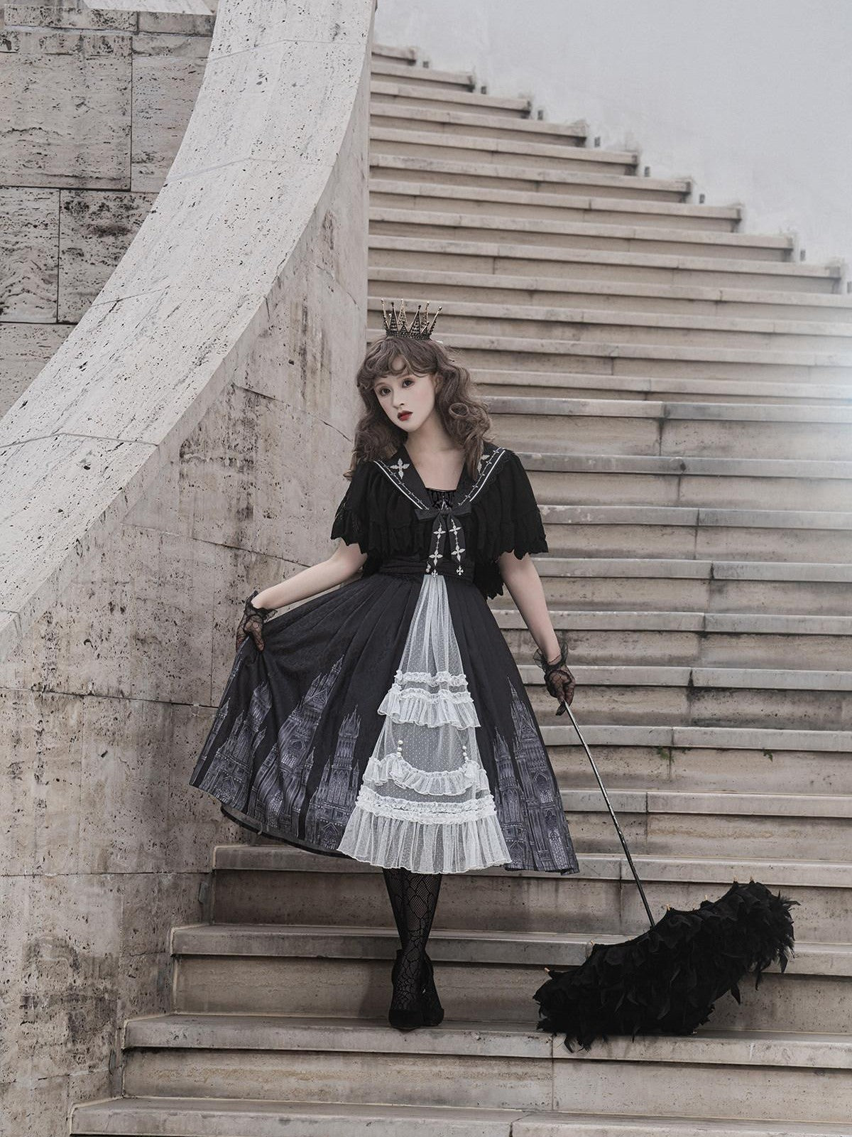 Sweet Promise Black Gothic Cross Lolita V-neck A Line Two Piece Women's Jsk / Jumper Skirts