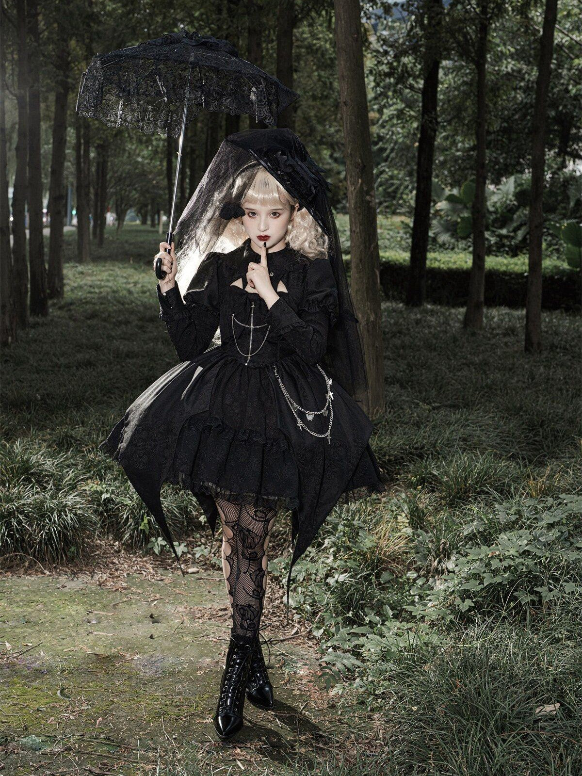 Sweet Promise Black Gothic Dark Lolita Cosplay Original Women's Long Sleeve Op