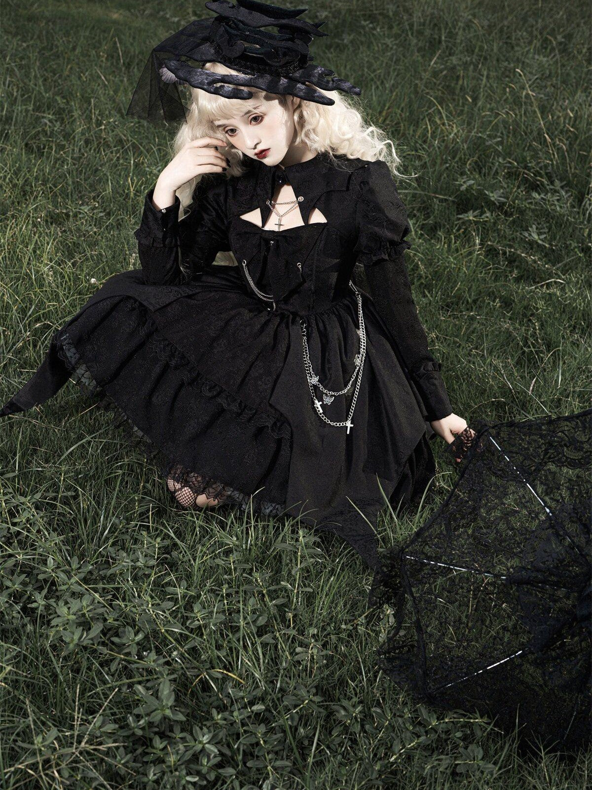 Sweet Promise Black Gothic Dark Lolita Cosplay Original Women's Long Sleeve Op