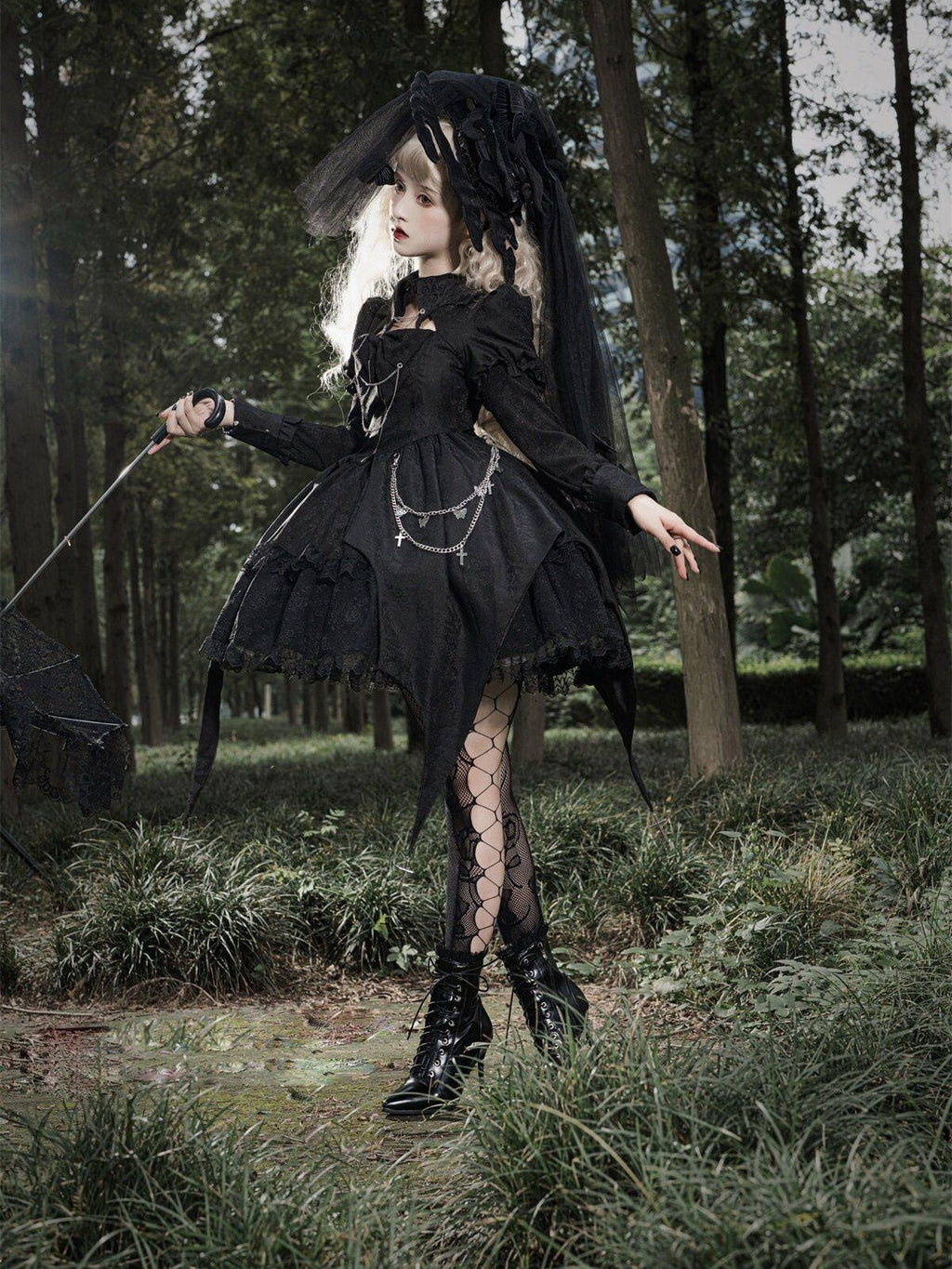 Sweet Promise Black Gothic Dark Lolita Cosplay Original Women's Long Sleeve Op