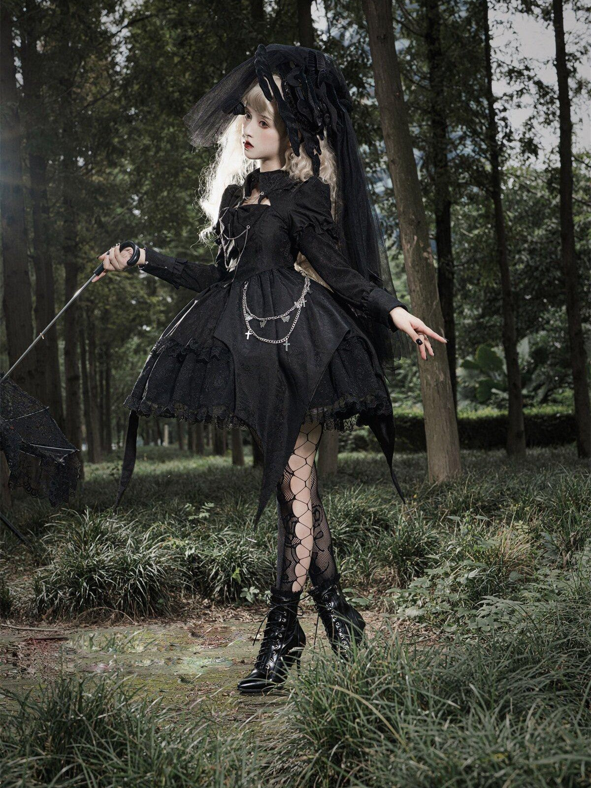 Sweet Promise Black Gothic Dark Lolita Cosplay Original Women's Long Sleeve Op