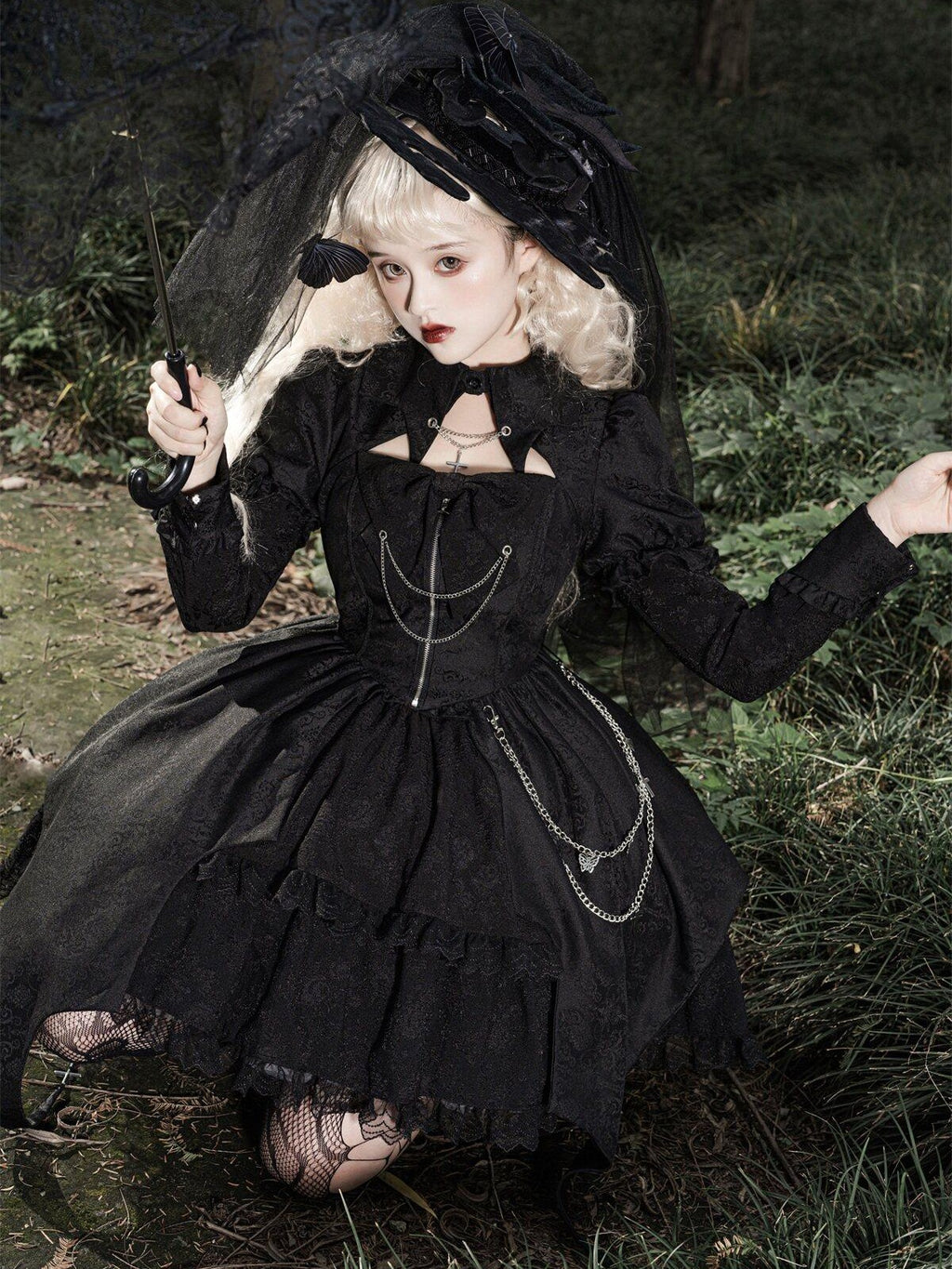Sweet Promise Black Gothic Dark Lolita Cosplay Original Women's Long Sleeve Op