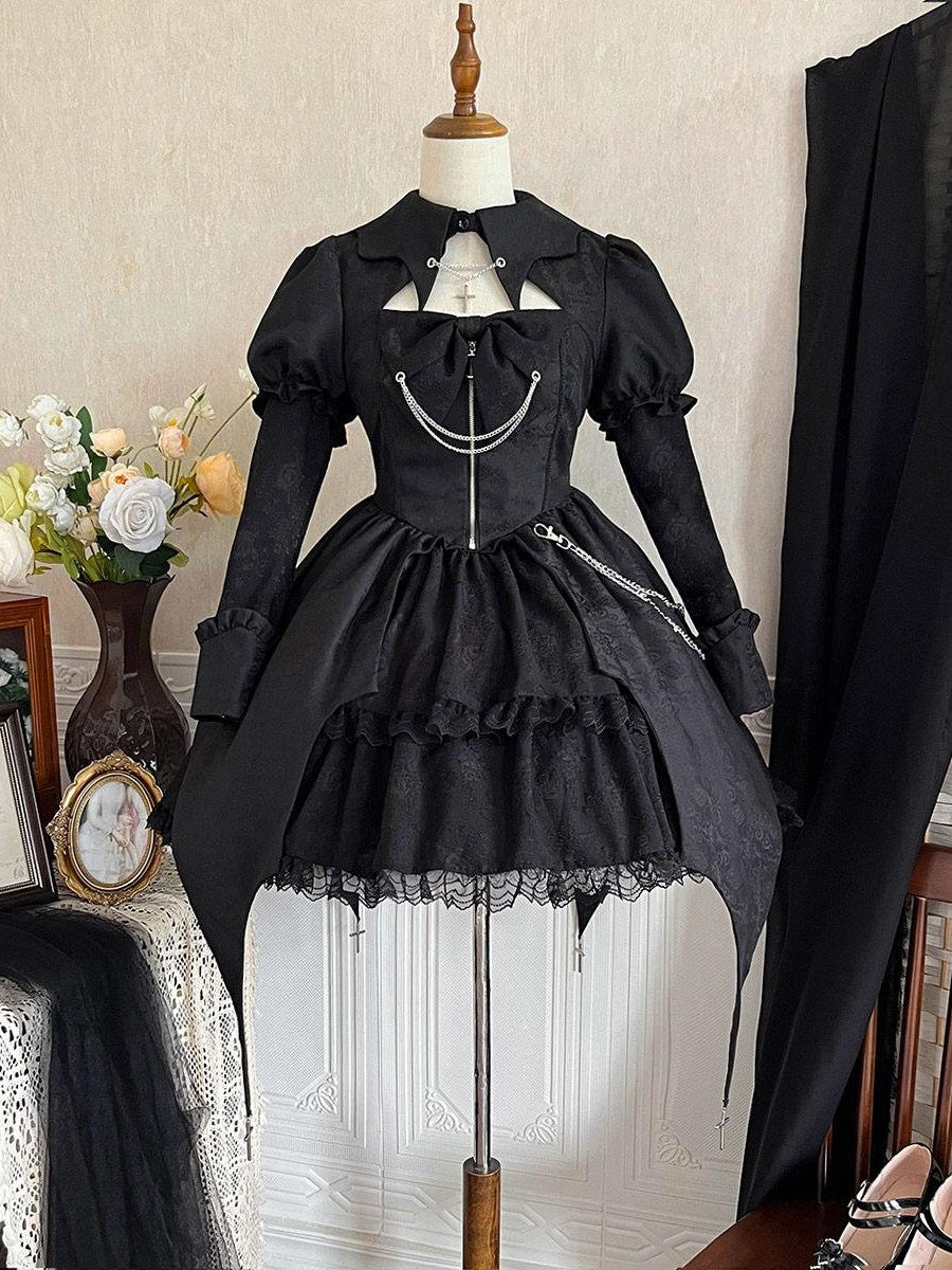 Sweet Promise Black Gothic Dark Lolita Cosplay Original Women's Long Sleeve Op